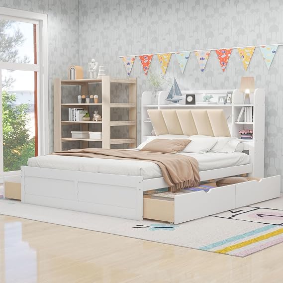 Queen Size Platform Bed with Lift Up Upholstery Storage Headboard and 4 Drawers, Solid Wood Platform Bed Frame with Sturdy Slat Support for Kids Teens Adults Bedrooms Guest Rooms (White-S)
