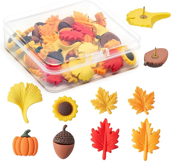H1vojoxo 40PCS Autumn Push Pins Decoration for Cork Board, Fall Decorative Thumb Tacks, Fall Leaves Push Pins for Bulletin Board, Sunflower Pine Cones Push Pin for Autumn