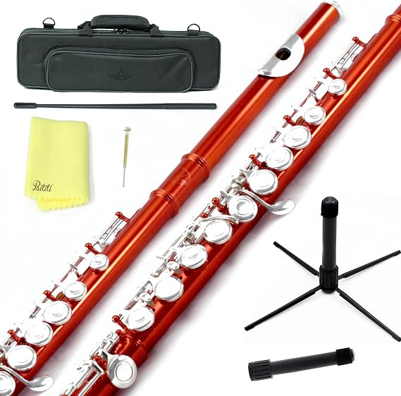 Sky C Flute with Lightweight Case, Cleaning Rod, Cloth, Joint Grease and Screw Driver - Red/Silver Closed Hole