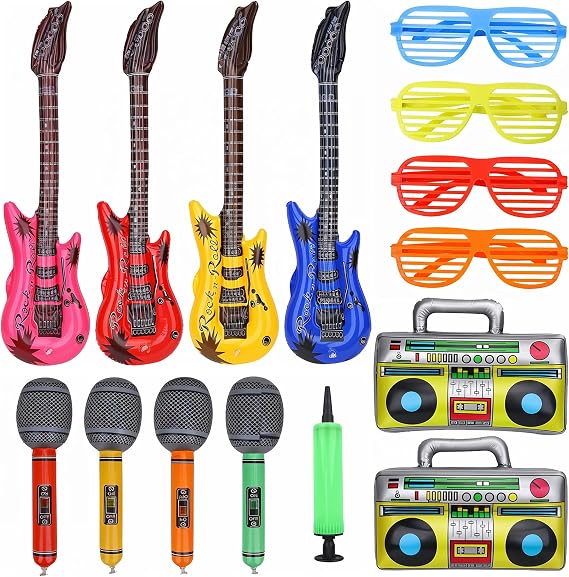 WedDecor Inflatable Guitar Party Props Set of 15pcs, Microphone Radio Goggles Balloons Fun Musical Instruments Accessories For Birthday Party Supplies Favors Photo Booth Props