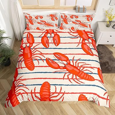 Erosebridal Red Lobster Bedding Set King Ocean Animals Duvet Cover for Kids Adult Blue Blue Red Lines Coastal Marine Life Comforter Cover Underwater Sea Wild Animals Shrimp Bedroom Decor Quilt Cover