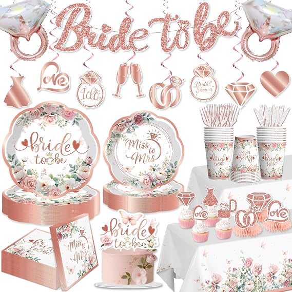 Xynic 191Pcs Bridal Shower Decorations Tableware Set, 25 Serves | No assembly disposable plates and napkins set, cake topper, banner, tablecloth, for bachelorette party decorations