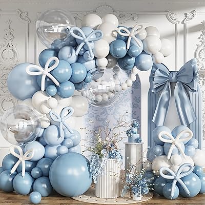 Dusty Blue Balloons Arch Kit, 134 Pcs Muted Light Baby Slate Blue and White Balloon Garland mit 18 Inch Pale Clear Balloon 5, Long Balloon as Bow Decor for Baby Shower Boy Gender Reveal Wedding