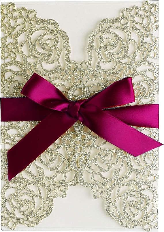 ponatia 25PCS/Lot 250GSM 5.12 x 7.1'' Glitter Wedding Invitations Cards Hollow Rose with Burgundy Ribbon for Wedding Bridal Shower Engagement (Champagne Gold Glitter)