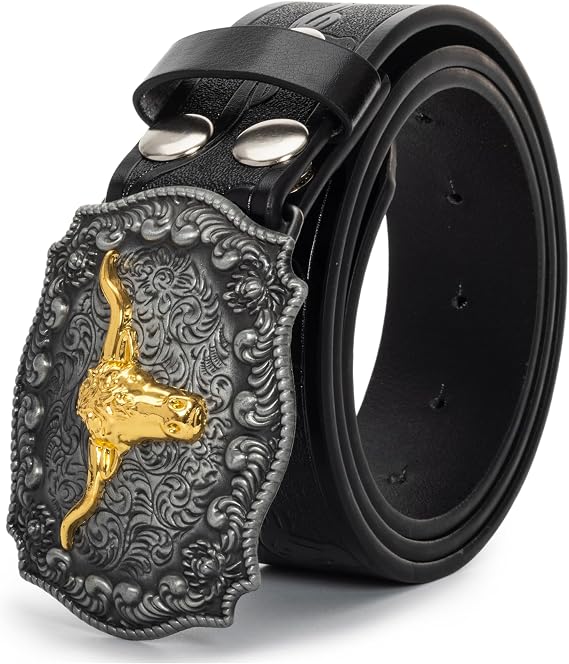 Western Cowboy-Belts for Men Big-Buckle Longhorn-Bull PU-Leather Rodeo Cowgirl-Belt Engraved Floral - Waist 25-38"