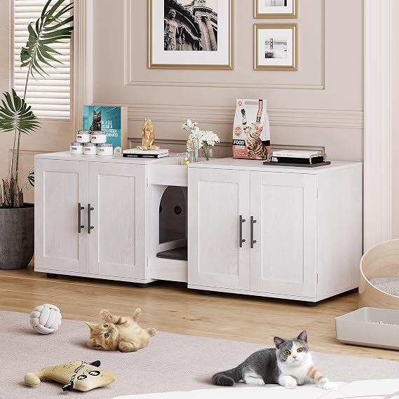 Cat Litter Box Enclosure for 2 Cats, Multi - Functional Cat Litter Cabinet, Hidden Litter Box Furniture with Scratching Mat, Wooden Cats Washroom Furniture 140 x 45 x 52 Cm
