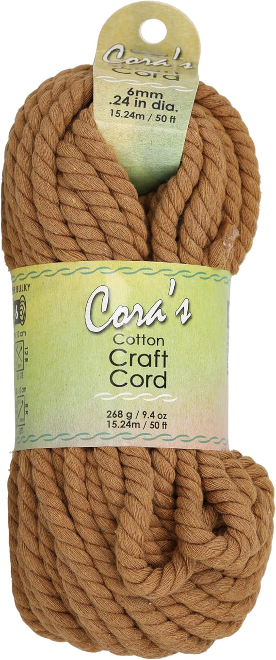 Coras Cotton Craft Cord Twisted Macrame Cord, Biscuit Brown, 6 mm, 50 Ft, Super Bulky Weight, 75% Cotton