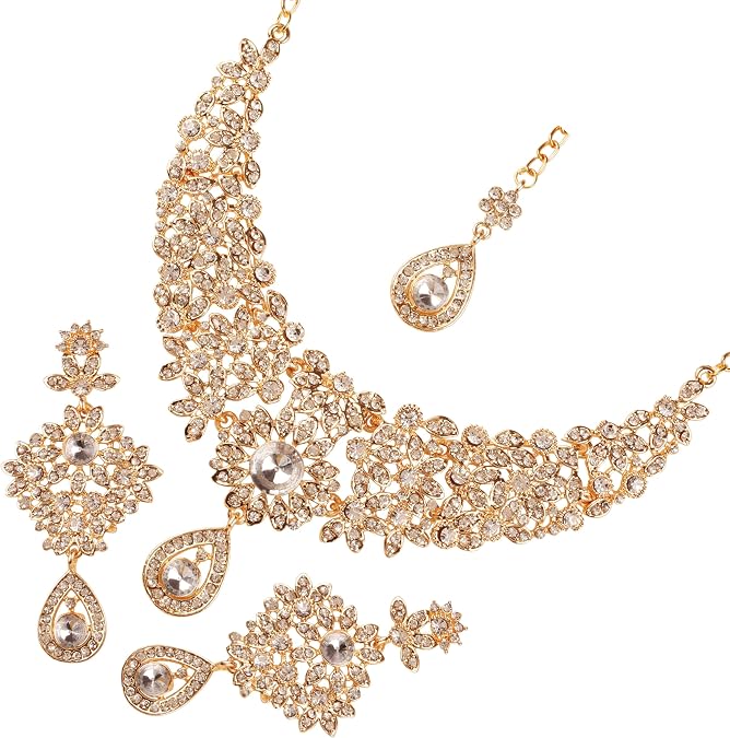 Touchstone Indian Jewelry Sets for Women Bollywood Necklace Earring Wedding high Fashion Victorian Formal Style Jewellery desi Artificial Imitation joyeria Rhinestone in Antique Gold or White Tone.