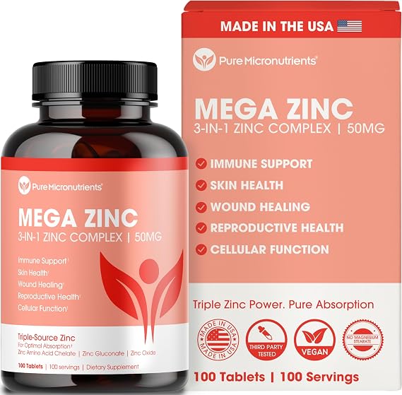 Mega Zinc Supplement 50mg, 3-in-1 Zinc Complex, 100 Tablets | Pure Micronutrients 3-in-1 zinc complex supports immune health, skin & energy for men & women