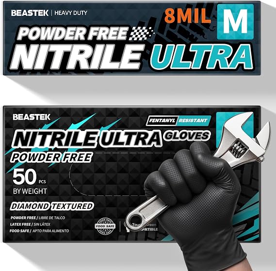 BEASTEK Nitrile Disposable Gloves, 8Mil Latex & Powder Free Chemical Resistant Heavy Duty Food Safe Diamond Glove Black 50Pcs