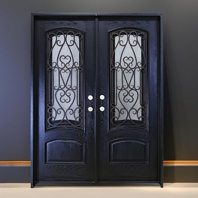 72 x 80 Environment Damage Resistant Polyurethane Composite Exterior Entry House Front Door, Wrought Iron Door wOpenable Tempered Rain Glass Window, Right-Hand Double Espresso