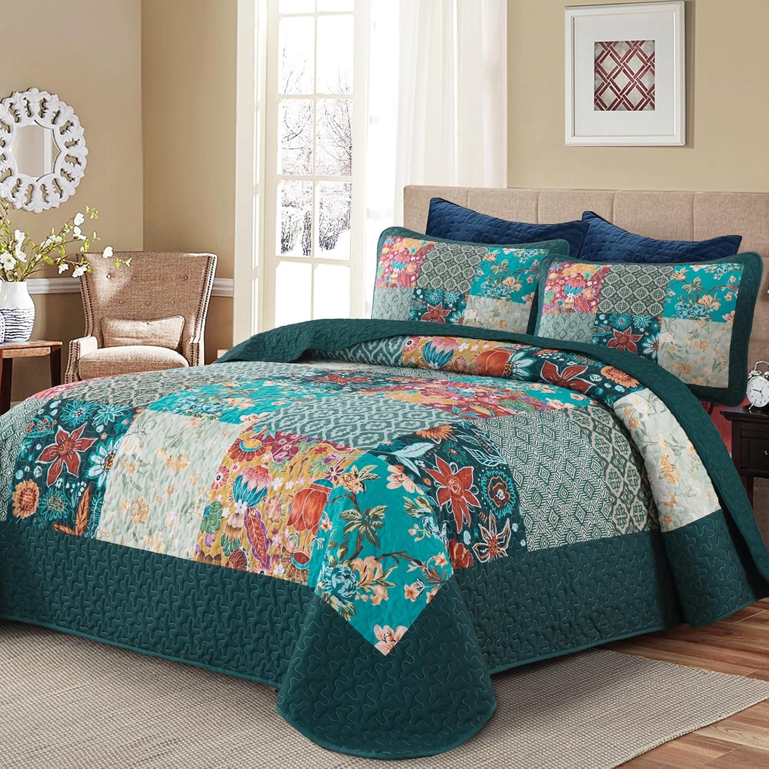 DJY Patchwork Quilt Set Queen Size 3 Pieces Green Plaid Floral Bedspread Coverlet Set, Boho Turquoise Rustic Lightweight Reversible Bedding Quilt for All Season 96x90