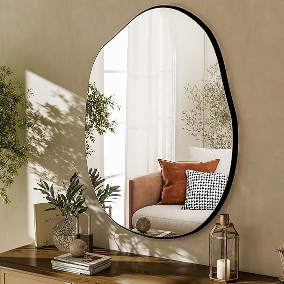HARRITPURE Irregular Wall Mirror 24"x32" Black Asymmetrical Bathroom Mirror Wood Framed Modern Decorative Vanity Mirrors for Bedroom Living Room Entryway