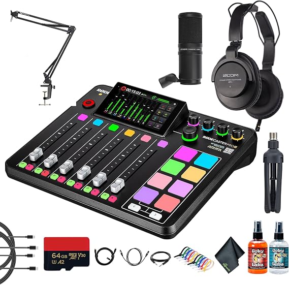 RODE RODECaster Pro II + Studio Headphones + Podcast Microphone + 64GB Micro SD Memory Card + Mic Arm Stand + 10 Foot XLR + 2x USB-C + 1/4 TRS + More (Bundle)
