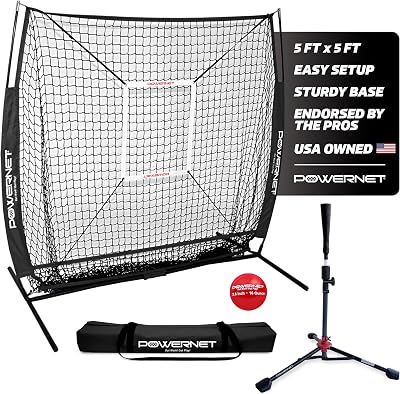 PowerNet Baseball Net Bundle, 5x5 Travel Net With Softball Accessories for Hitting, Pitching, Training Equipment, Weighted Ball, Tee