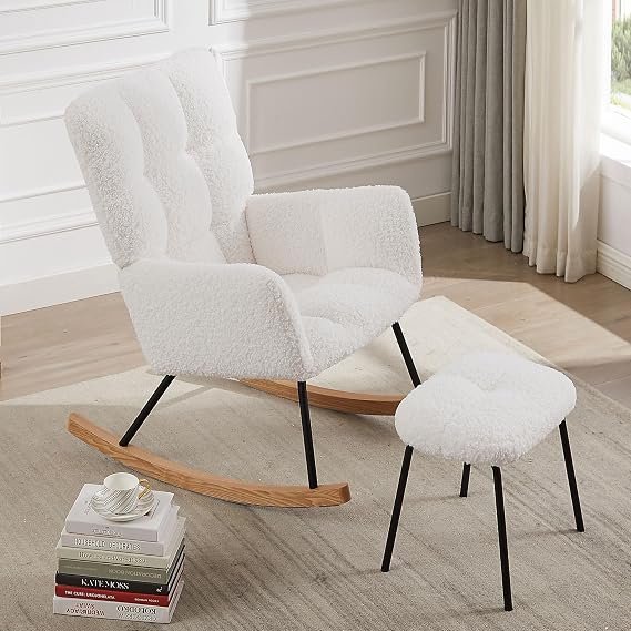 Modern Rocking Chair with High Backrest Armrests Ergonomic Design Lounge Recliner Chair for Living Room Bedroom Playroom White with Soft Seat