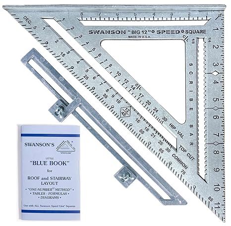 Swanson Tool Co S0107 "Big 12" 12-Inch Speed Square Layout Tool with Blue Book | Heavy-gauge aluminum construction with permanent, matte-finish layout markings for professional carpentry layout accuracy