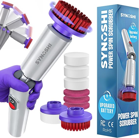 Synoshi PRO Electric Spin Scrubber & Magic Melamine Sponge Heads (3 Units), Bathroom and Shower Scrubber, Kitchen Cleaning, Adjustable Angles, 2 Speed