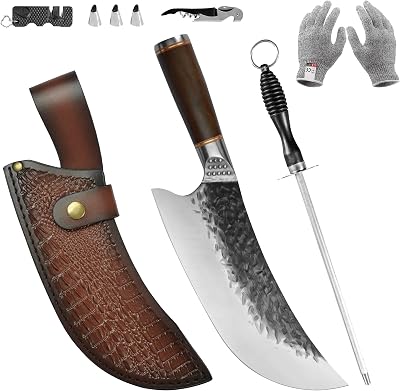 FULLHI Serbian Chef Knife High Carbon Steel Cleaver Kitchen Knife Whole Tang Vegetable Cleaver Home BBQ Camping with Knife sheath