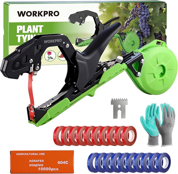 WORKPRO Plant Tying Machine with Gloves & 20 Rolls of Tape & 10,000 Staples | Lightweight Tape Gun for Tying Vines and Plant Support, Ideal for Tomatoes, Grapes, Cucumber and Vegetables