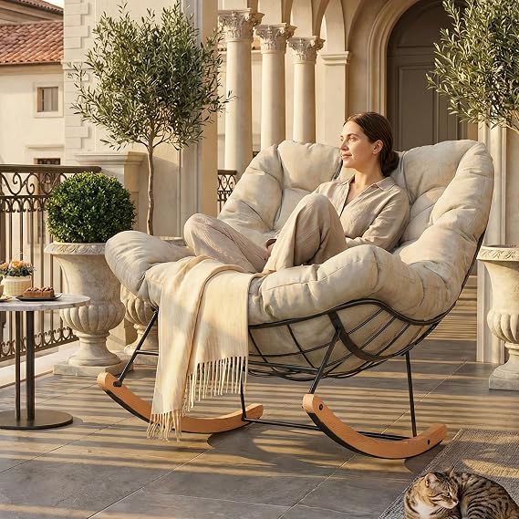 FLEXISPOT Oversized Outdoor Rocking Chair with Thick Cushion, Beige