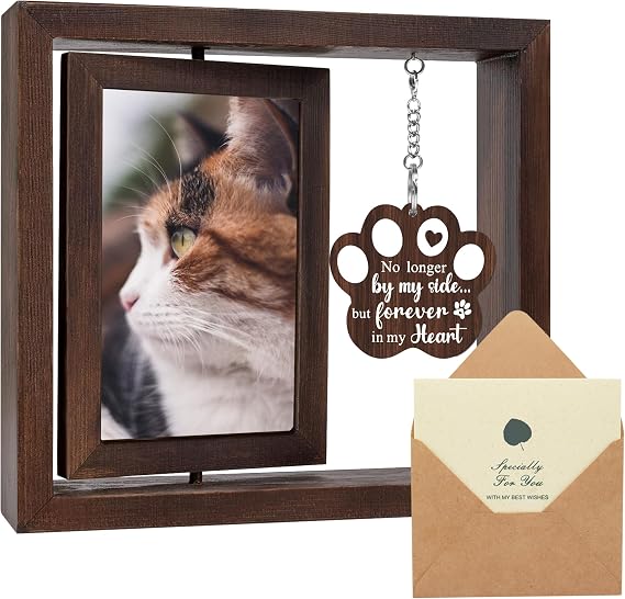 SHOW-YA Cat Memorial Gifts for Loss of Cat - Pet Memorial Gifts Cat,Loss of Cat Sympathy Gift, Cat Passing Away, Pet Remembrance Gift Cat,Rotating Wooden Cat Picture Frame 4x6 Photo