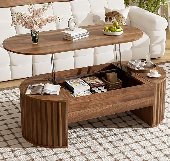 47" Lift Top Coffee Table with Storage, Wooden Coffee Table Oval with Lifting Top/Hidden Storage Compartment, Modern Center Table for Livingroom Home Office, Fluted Design (Brown)