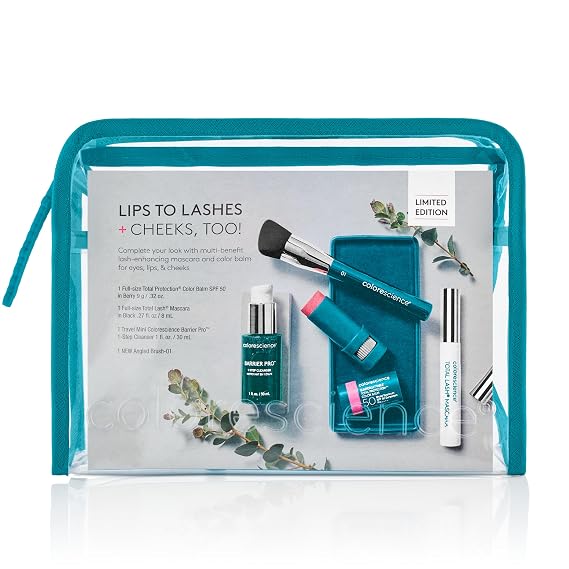 Colorescience, Lips to Lashes Value Set | Includes Color Balm, Total Lash Mascara, Barrier Pro Cleanser & Angled Brush