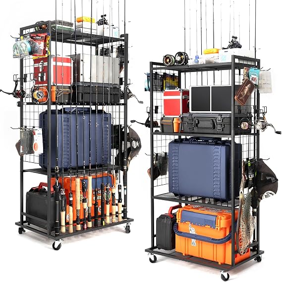 SOYEEZE Fishing Rod Holder for 12 Rods, Rolling Fishing Pole Holders for Garage, 4 Tier Adjustable Fish Rod Rack with Lockable Wheels for Tackle Box, Fishing Supplies, a Display Fish Gear Gift for Man