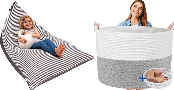 Huddle Supply Co Stuffed Animal Storage Bundle - Stuffed Animal Bean Bag + L Woven Basket for Blankets, Toys Grey and White Storage Bundle- Designer Storage for Modern Kids Room