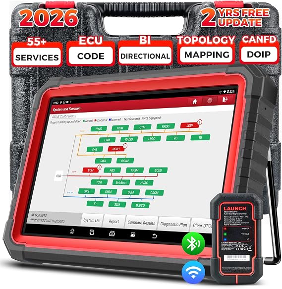 LAUNCH X431 PRO3S+ V5.0, All-in-One Bi-Directional Scan Tool with Topology Map | 2026 HDトラックスキャナー、ECUコード、55+サービス、フルシステム診断、CAN FD&DOIP、FCA自動認証、V.AGガイド付き、2年間のアップデート。