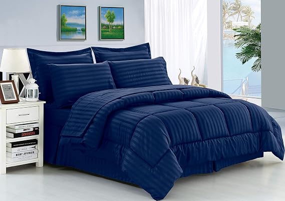 Elegance Linen Wrinkle Resistant - Luxury Silky Soft Dobby Stripe Bed-in-a-Bag 8-Piece Comforter Set, King Navy Blue