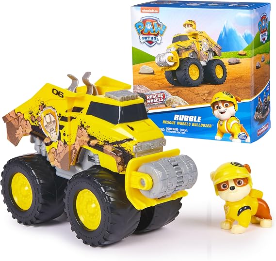 Paw Patrol Rescue Wheels Rubbles Transforming Bulldozer & Action Figure | Oversized Monster Truck Wheels, Spring-Loaded Plow Roller, Rubble Action Figure, Kids Toys for Boys & Girls Ages 3+