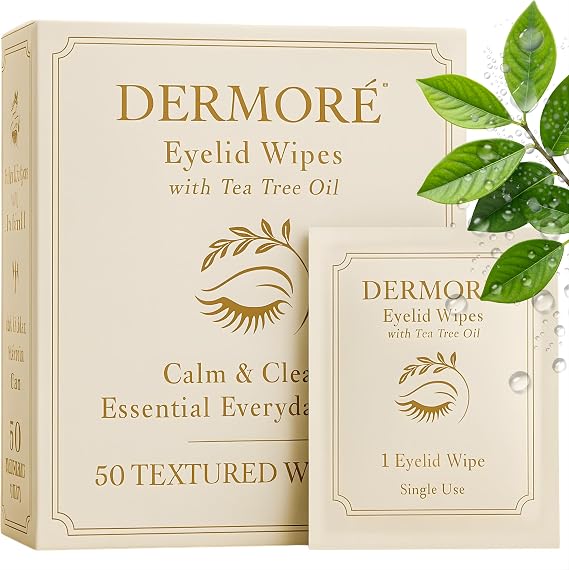 DERMORE Eyelid Cleansing Wipes | Tea Tree Eyelid Wipes | Premium Care for Dry & Itchy Skin | Individually Wrapped Refreshing & Daily Hygiene Wipes | Preservative-Free with Chamomile and Aloe - 50 Pcs