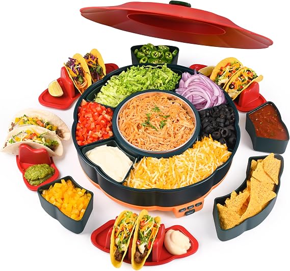 Taco Tuesday Kit, Taco Bar Serving Set for a Party with 3-Temp Control, 6 Removable Trays & 4 Taco Holders, 33oz Heated Pot, Lazy Susan Taco Bar for Nachos, Fajitas, and Burritos (Green)