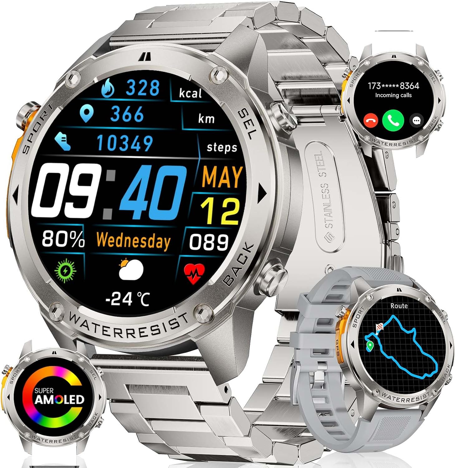 LIGE GPS Sport Smart Watch, Mens Smartwatch with Compass, 170 Sports Mode Fitness Watch, 1.43 inch AMOLED Steady Display Smart Watch, Android iOS Mens Smart Watch Built-in GPS