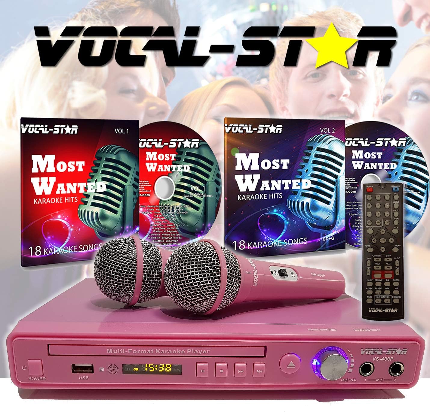 Vocal-Star VS-400 Pink HDMI Multi Format Karaoke Machine, 2 Microphone Inputs - Including Top Songs & 2 Microphones