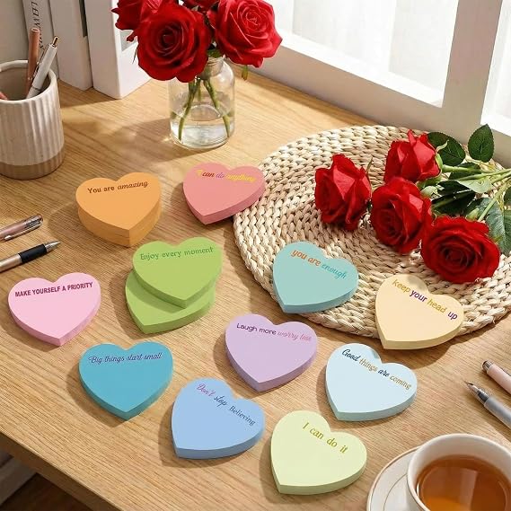 Teling 24 Pack Valentine's Day Sticky Notes Heart Shape Sticky Notes 3 x 3 Inch Inspirational Notepads Bulk Cute Memo Pads for Valentines Party Gifts School Office Supplies (Pastel)
