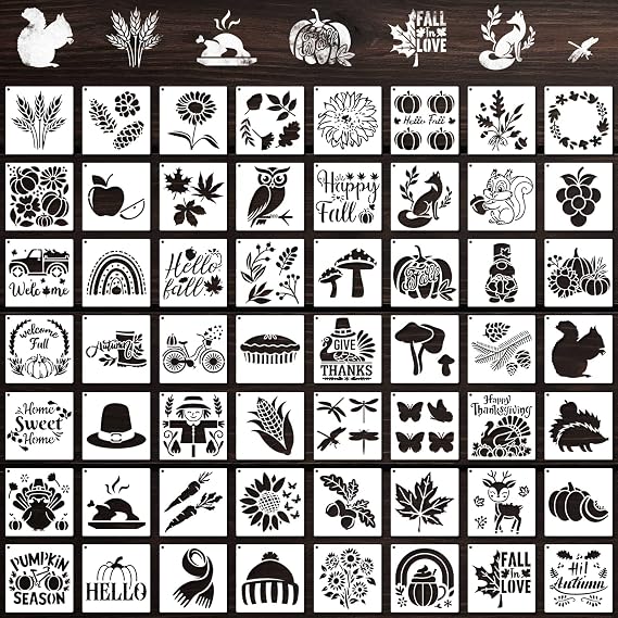 56 Pcs Fall Stencils for Crafts Reusable 3x3 Inch Small Painting Templates on Wood DIY Thanksgiving Autumn Holiday Canvas Fabric Home Decoration