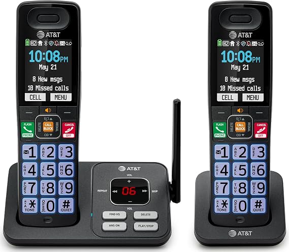 AT&T DECT 6.0 Cordless Phone, 2-Handset Smart Call Blocker, Bluetooth Connect to Cell, Answering Machine, 2.4" Color Display | BL108-2
