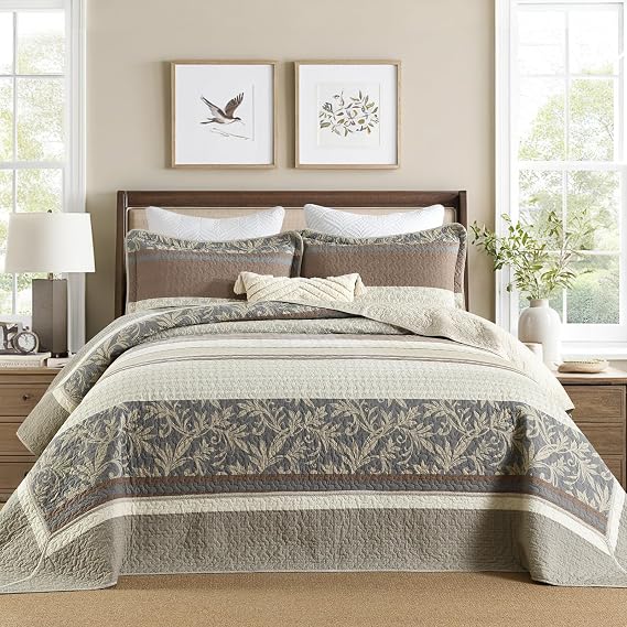 Quilta Queen Bedspread 102 x120 - Vintage Floral Scrolls Striped Oversized Queen Quilt Set, Elegant and Textured Coverlet, 3-Piece Lightweight Comforter Soft Bedding Set, 100% Cotton, Brown/Beige