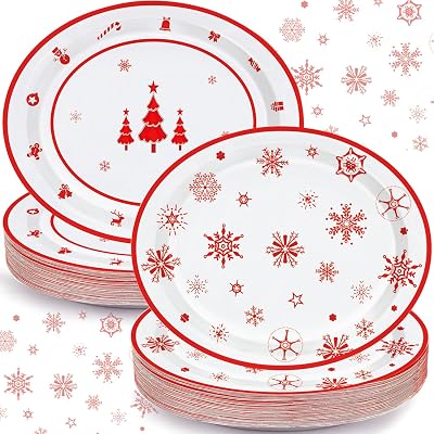 Oigco 30 PCS Christmas Paper Plates, Large 9 X 11 Christmas Red Tree Snowflake Oval Plates for Xmas Holiday Party Decorations