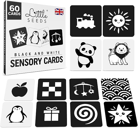 Newborn Essentials Black and White Baby Sensory Cards 60 High Contrast Baby Flash Cards Visual Skills and Stimulation for Newborn Babies 0-3 Months - UK Brand
