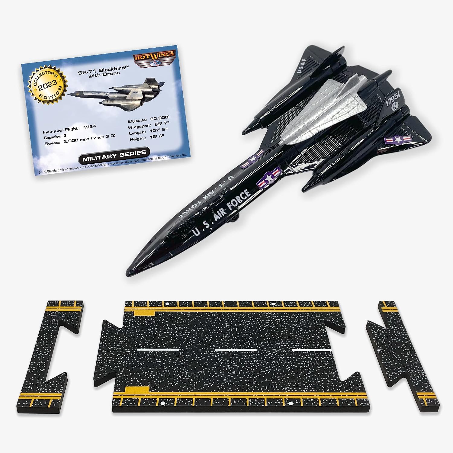 Hot Wings Planes SR-71 Blackbird with Drone with Connectible Runway Die Cast Plane in Aviation Museums Nationwide, Black