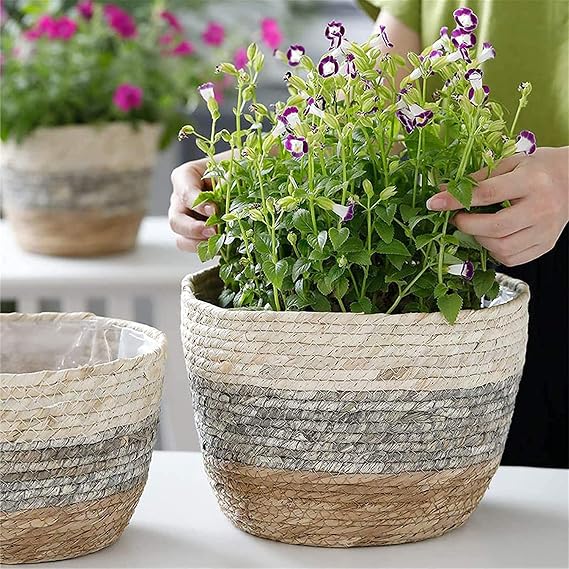 Seagrass Basket Planter, Flower Pots Cover Storage Basket Plant Containers, Plant Pots for Indoor Plants, Rustic Farmhouse Planter FJIUMOZEN (Medium)