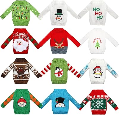 Aoriher 12 Pcs Christmas Doll Clothes Christmas Accessories Outfit Small Sweater Set Knitted Clothing Elk Xmas Santa Tree Snowflake Print Xmas Doll Accessories Bright Style