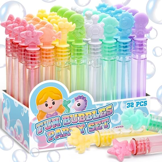 Mermaid Bubbles with Gift Box, 32 Pcs 8 Color Mini Wand Ocean Party Favors