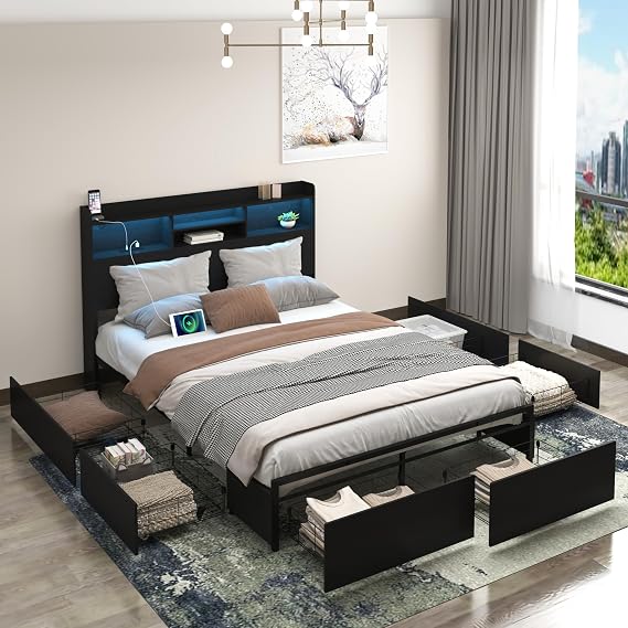 Queen Bed Frame with Storage Drawers and Headboard, Charging Station, No Noise, for Master Bedroom and Apartment, No Box Spring Needed