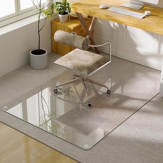 GLSLAND 54"x32" Tempered Glass Chair Mat, Office Chair Mat for Carpet | Heavy Duty Office Floor Protector for Hardwood Floors & Carpets Shatterproof Desk Floor Mat for Home Office, Transparent