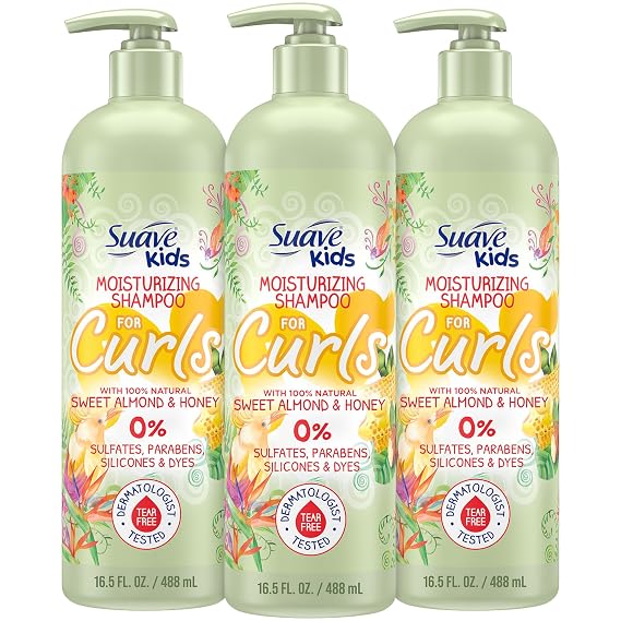 Suave Kids Moisturizing Shampoo for Curls 3-Pack 100% Natural Sweet Almond & Honey Shampoo, Tear-Free, Dermatologist-Tested, 16.5 Oz Ea